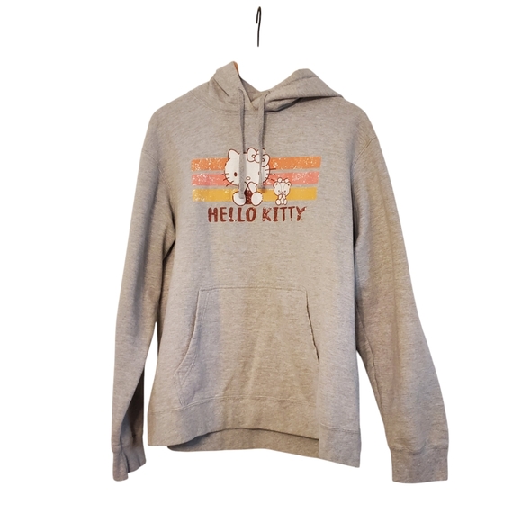 Port and Company Tops - Sanrio Grey Hello Kitty Vintage Style Graphic Hoodie with Pockets, Size Large